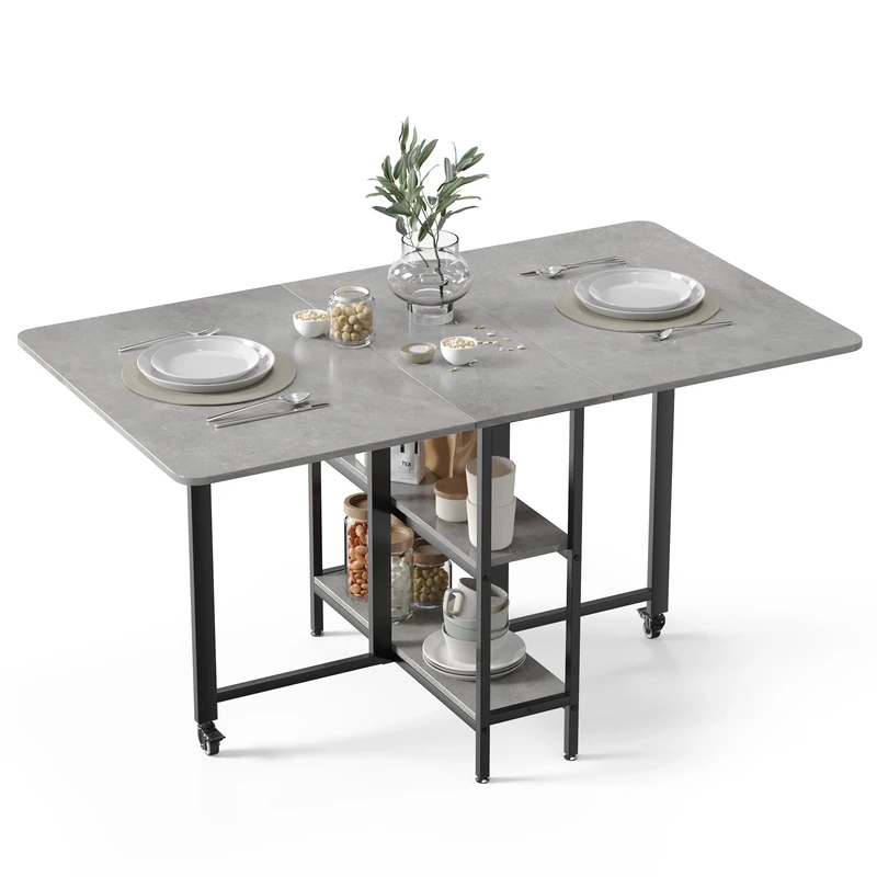 Mondeer Mobile Folding Dining Table, Drop Leaf Table with 2 Open Storage Shelves for Small Spaces Dining Room Kitchen, 140 x 80 x 75 cm, Grey