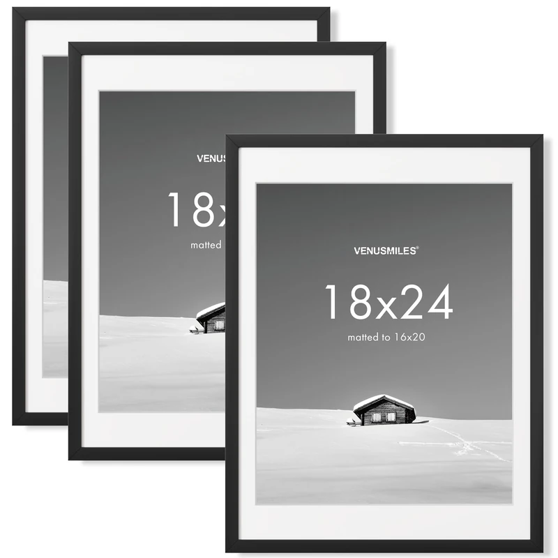 Venusmiles 18x24 inch Picture Frame, 18x24 Photo Frames with 16x20 Removable Mat - High Definition Plexiglass - Vertical and Horizontal Display - Wall Hanging Poster Frame - Black, 3 Pack