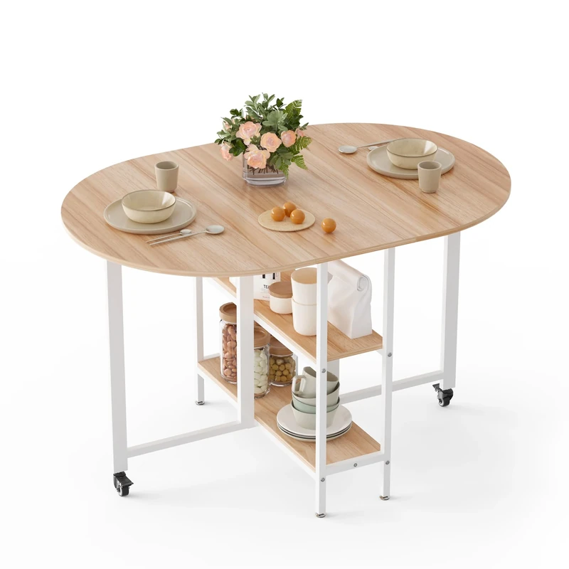 Mondeer Mobile Folding Dining Table, Drop Leaf Table with 2 Open Storage Shelves, Round Edged Design, Small Spaces Dining Room Kitchen, 120 x 80 x 75 cm, Oak and White