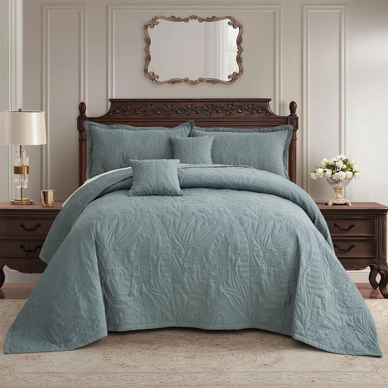 HZ & HY Oversized King Bedspread 128x120, Botanical, Grey