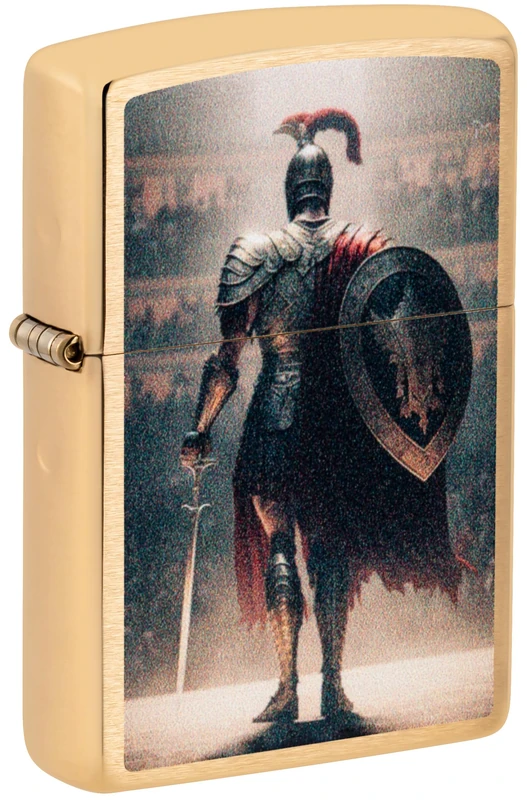 Zippo Windproof Lighter - Gladiator Design - Gold - Brushed Brass - Colour Image - Refillable - Reusable - Windproof Design - Gift Box - Made in USA
