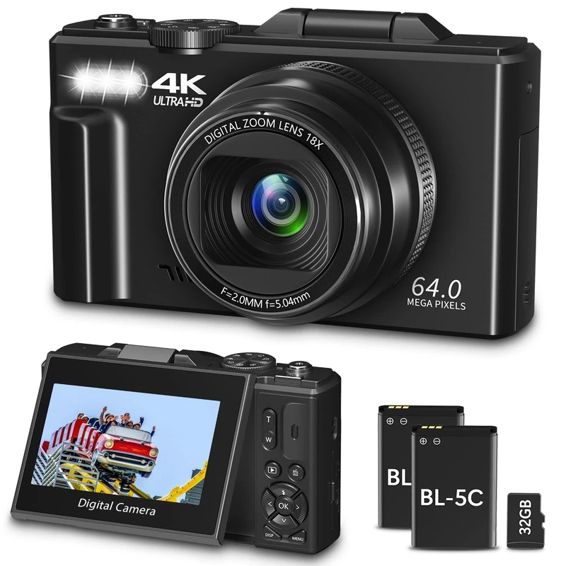 Digital Camera for Photography, WiFi 64MP 4K Vlogging Camera for YouTube, 3 Inch 180° Flip Screen, 18X Digital Zoom Compact Vlog Travel Cameras with 32GB TF Card and 2 Batteries, Black