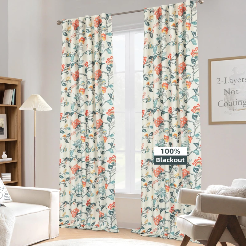 DriftAway 100% Blackout Linen Curtains for Bedroom Double Layer Drape Thermal Insulated Ada Julia Floral Curtains 3 Inch Rod Pocket Back Tab Full Light Blocking 2 Panels 52" x 120" Linen Orange Teal