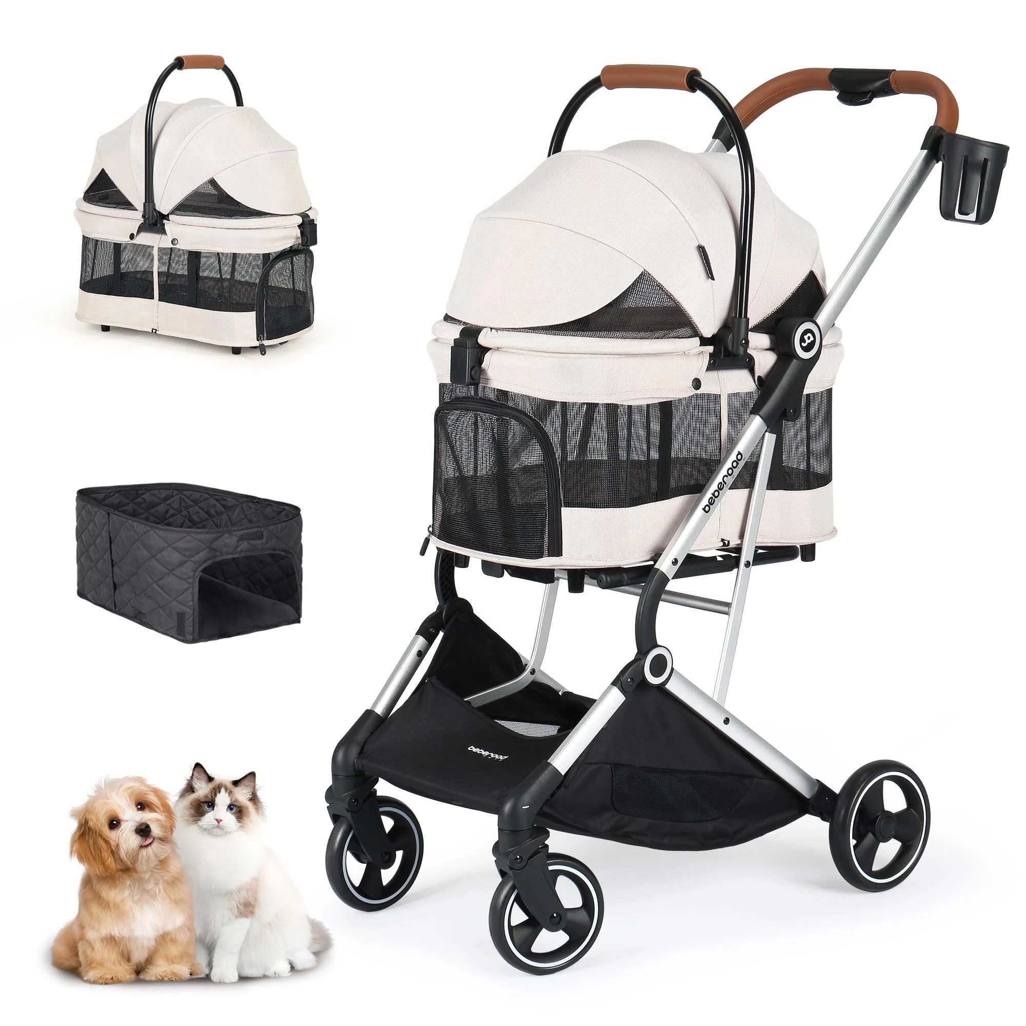 Beberoad Pets T3 PRO Pet Stroller Dog Cat Stroller for Small Medium Dogs Cats, 4 Wheels Travel Folding Carrier Waterproof Puppy Stroller with Pad, Canopy and Cup Holder, Beige