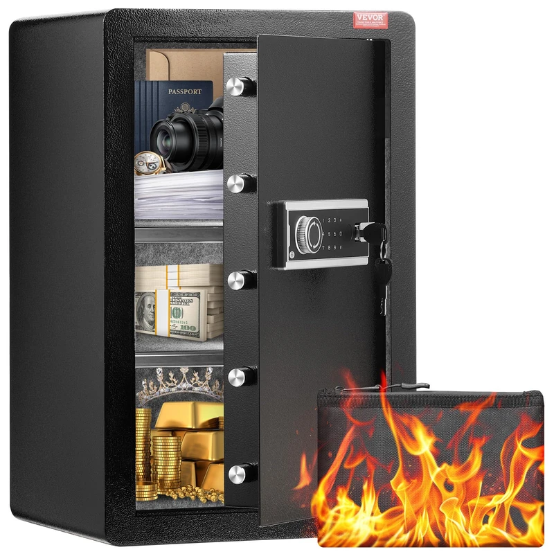 VEVOR 99.1L Single Door Safe with Key Lock and Password, Safe with Fireproof Bag, Key Ring, LED Light, 2 Removable Adjustable Dividers for Money Documents Jewellery Black