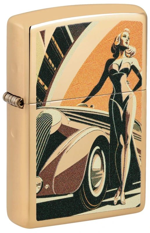 Zippo Windproof Lighter - Vintage Car and Woman Design - Refillable - Gift Box - Metal - Made in USA