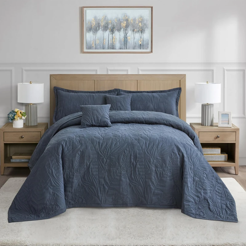 HZ & HY Oversized King Bedspread, Botanical, Navy