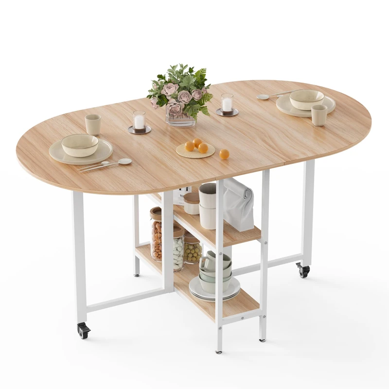 Mondeer Folding Dining Table for 4 People, 140cm Drop Leaf Table, Oak