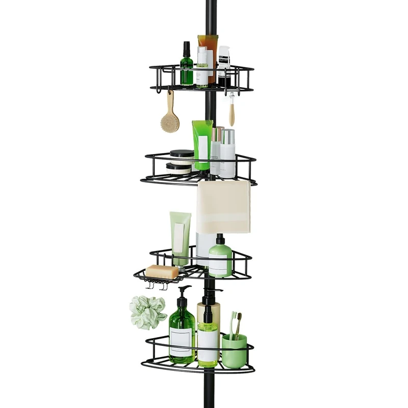 Binecer Corner Shower Caddy Tension Pole-4 Tier Adjustable Bathroom Organizer Shelves for Bathtub Shampoo Storage, 62-115 Inch Height-Black