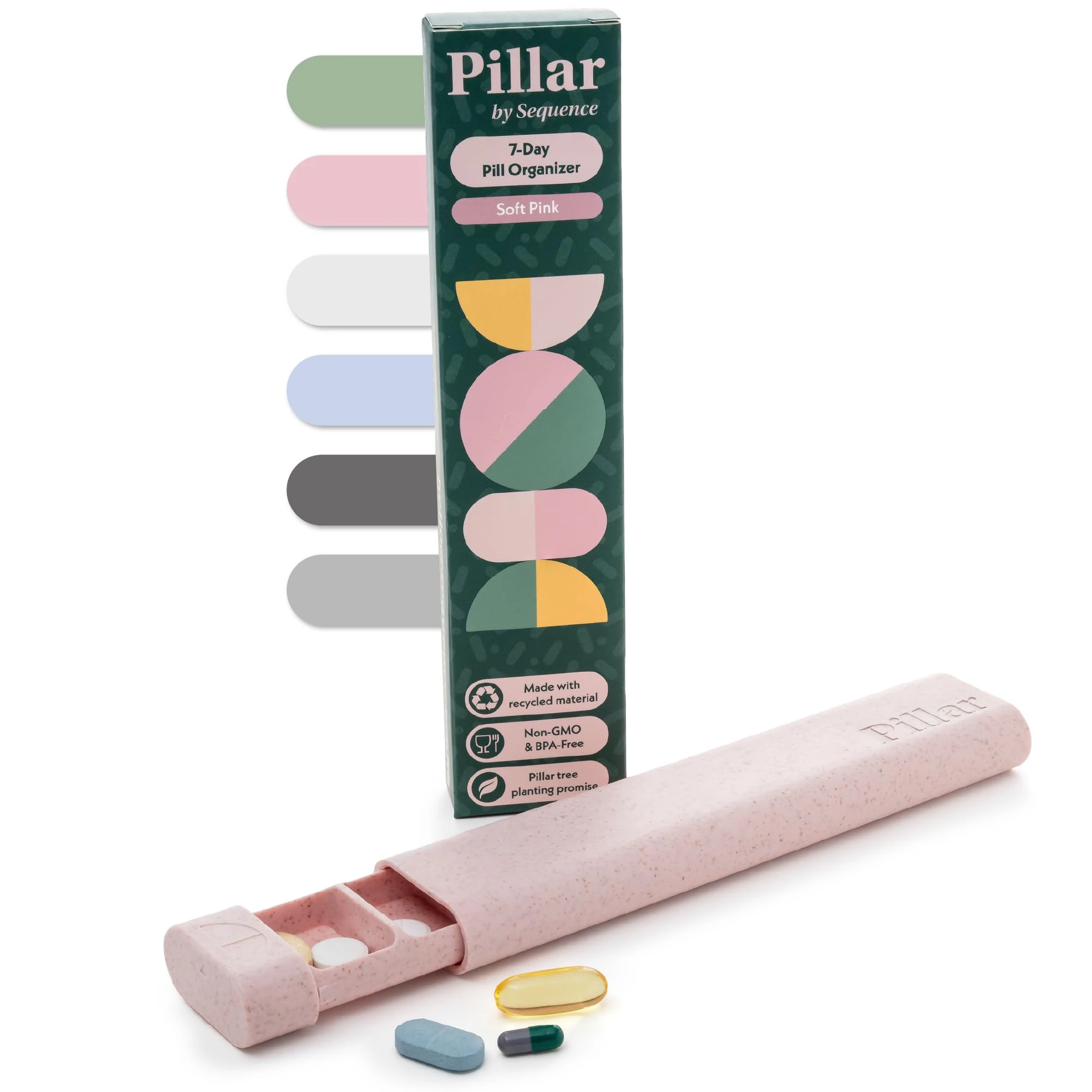 Pillar 7 Day Pill Organiser | BPA-Free Wheat Straw Medicine Organiser | Weekly Tablet Container | Aesthetic Medication Organizer Pill Box | Cute Travel Vitamin Case (Soft Pink)