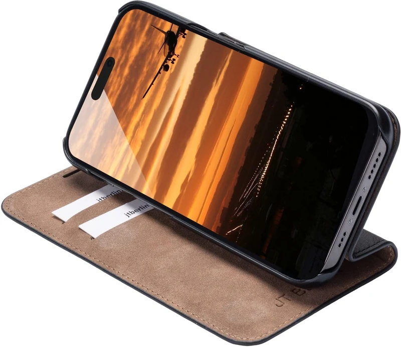 JT Berlin Tegel Genuine Leather Bookcase Compatible with Apple iPhone 16 Pro Max (Premium Flip Case, Stand Function, Credit Card Slots, Magnetic Closure) Black