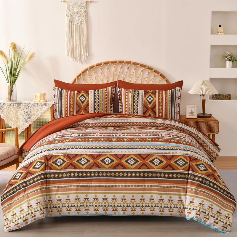 Dinjoy California King Comforter Set Size, Burnt Orange Striped Cali King Bed Set Fall Bedding Sets Terracotta 7 Pieces Boho Bed in a Bag Comforters with Sheets Aztec for Women