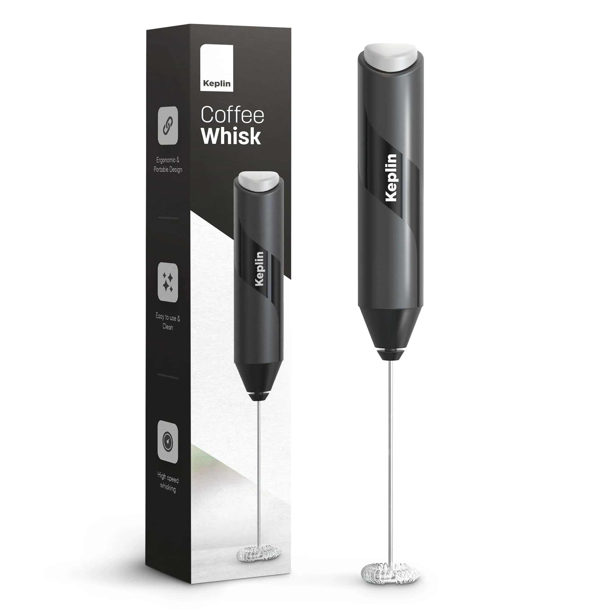 Keplin Handheld Milk Frother - Stainless Steel Electric Whisk - Portable Battery-Operated Coffee Frother for Lattes, Matcha, Protein Shakes - Ergonomic, Compact, Easy to Clean (Black)