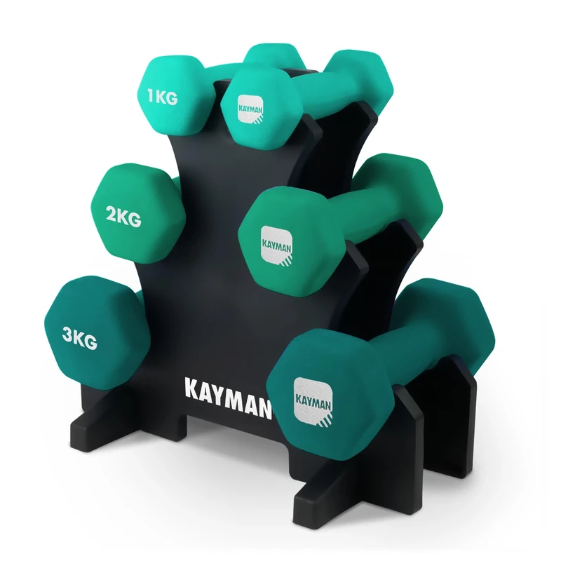 KAYMAN Neoprene Dumbbells with Anti-Slip Grip,Hex Edges,Water-Resistant Surface & Workout Poster-Weight Set for Home, Gym & Fitness (1kg 2kg 3kg 4kg 5kg 6kg 8kg 10kg) (Green Set (1Kg, 2Kg, 3Kg))