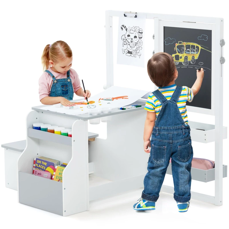 GYMAX Kids Art Table and Bench Set (Grey+White)
