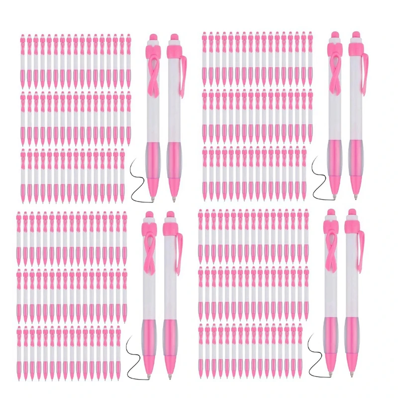 Uooduby 200 Pcs Pink Ribbon Pens Bulk, Black Ink Retractable Ballpoint Pens for Office Supply Women Gift