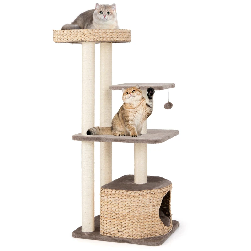 GYMAX Cat Tree, Modern Cat Tower with Sisal Scratching Posts, Perch, Dangling Ball, Hand-Made Wicker Cat Condo, Removable & Washable Cushions, Kitty Activity Center for Indoor Cats