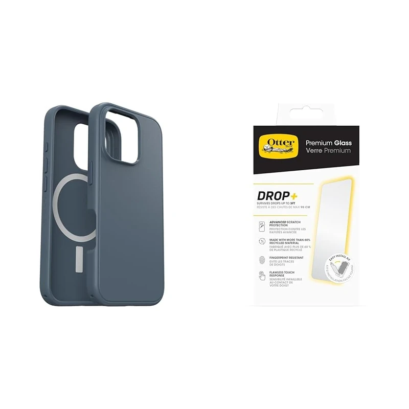 OtterBox Bundle Symmetry Series MagSafe Case for iPhone 16 Pro, Shockproof, Drop proof, Protective Thin Case, Blue & Premium Glass Screen Protector