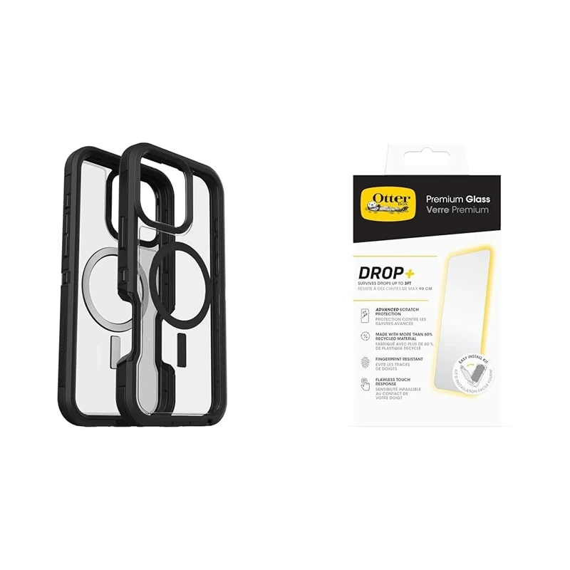 OtterBox Bundle Defender Series XT MagSafe Case for iPhone 16 Pro Max, Shockproof, Drop proof, Ultra-Rugged, Protective Case, Clear/Black & Premium Glass Screen Protector