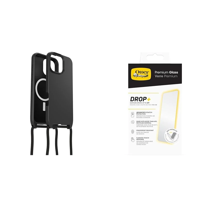 OtterBox Bundle React Series Necklace MagSafe Case for iPhone 16 Pro Max, Ultra-Slim, Protective Case with Adjustable and Detachable Necklace Strap, Black & Premium Glass Screen Protector