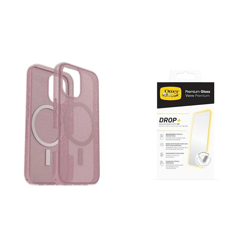 OtterBox Bundle Symmetry Series Clear MagSafe Case for iPhone 16, Shockproof, Drop proof, Protective Thin Case, Clear/Pink & Premium Glass Screen Protector
