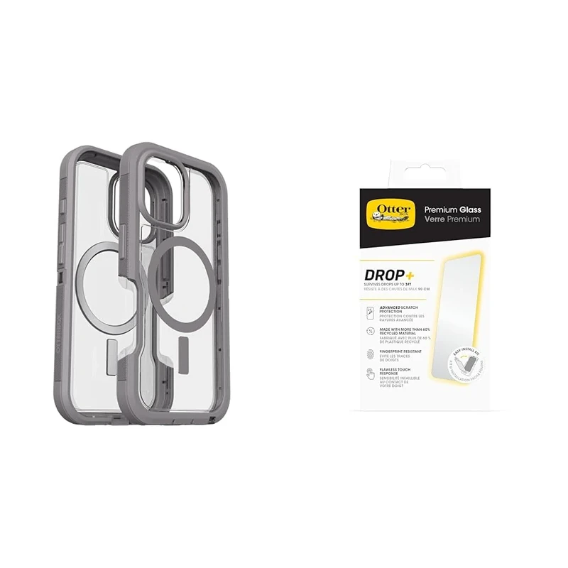 OtterBox Bundle Defender Series XT MagSafe Case for iPhone 16, Shockproof, Drop proof, Ultra-Rugged, Protective Case, Clear/Grey & Premium Glass Screen Protector