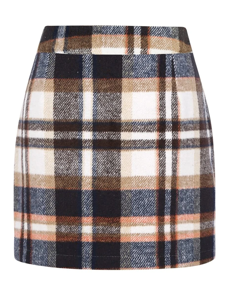 IDEALSANXUN Womens Wool Plaid Mini Skirt Fall Winter High Elastic Waist Short Pencil Skirt, Brown, XL