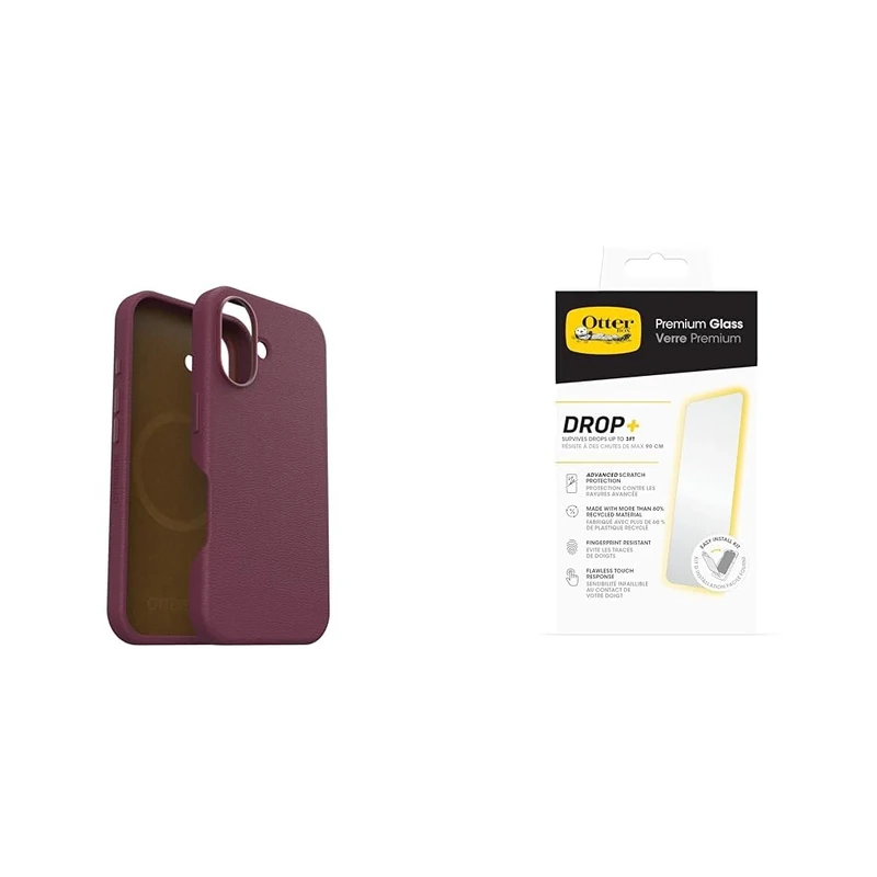 OtterBox Bundle Symmetry Series Cactus Leather MagSafe Case for iPhone 16, Shockproof, Drop proof, Protective Thin Case, Black & Premium Glass Screen Protector