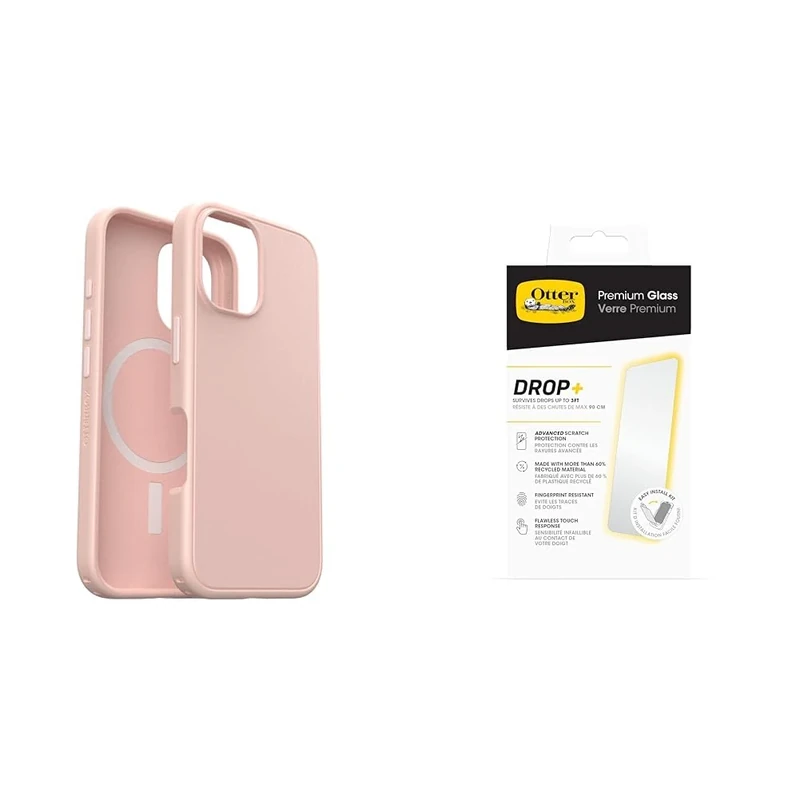 OtterBox Bundle Symmetry Series MagSafe Case for iPhone 16, Shockproof, Drop proof, Protective Thin Case, Rose & Premium Glass Screen Protector