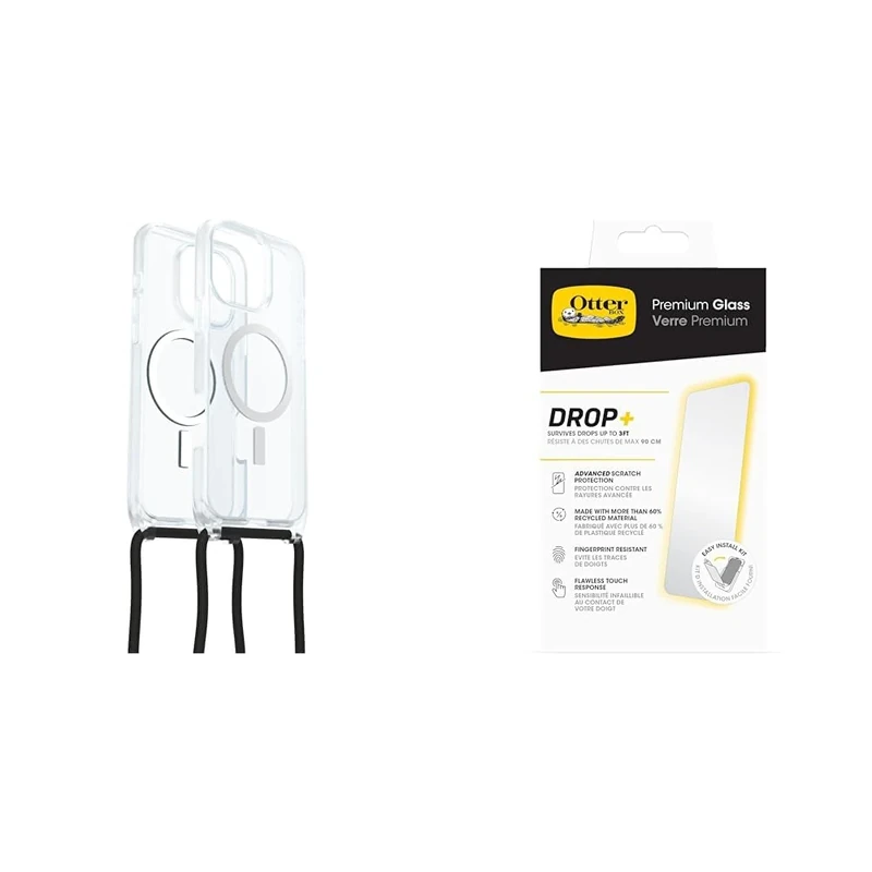 OtterBox Bundle React Series Necklace MagSafe Case for iPhone 16 Pro Max, Ultra-Slim, Protective Case with Adjustable and Detachable Necklace Strap, Clear & Premium Glass Screen Protector