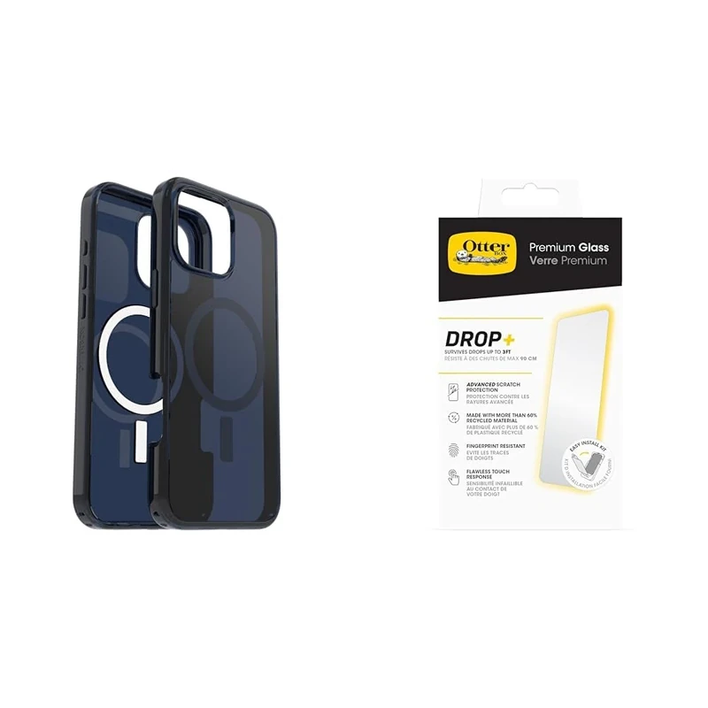OtterBox Bundle Symmetry Series Clear MagSafe Case for iPhone 16 Pro Max, Shockproof, Drop proof, Protective Thin Case, Clear/Blue & Premium Glass Screen Protector