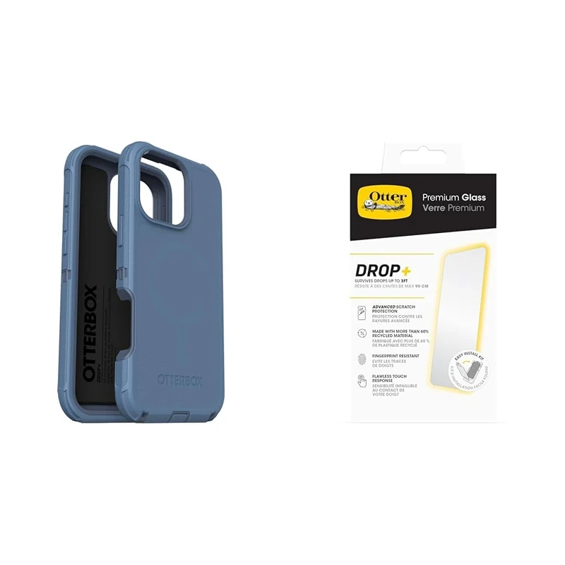 OtterBox Bundle Defender Series MagSafe Case for iPhone 16 Pro Max, Shockproof, Drop Proof, Ultra-Rugged, Protective Case, Blue, Non-Retail Packaging & Premium Glass Screen Protector