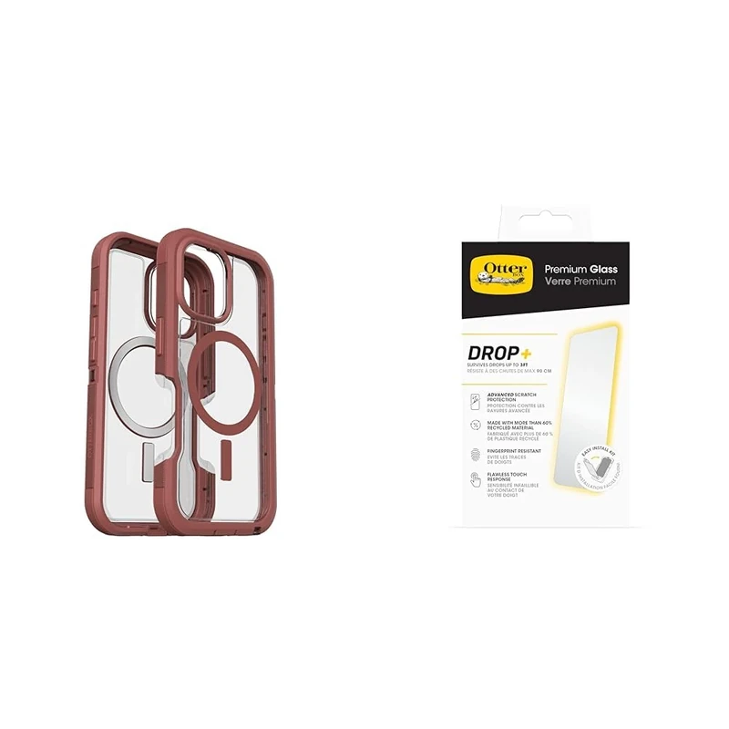 OtterBox Bundle Defender Series XT MagSafe Case for iPhone 16, Shockproof, Drop proof, Ultra-Rugged, Protective Case, Clear/Brown & Premium Glass Screen Protector