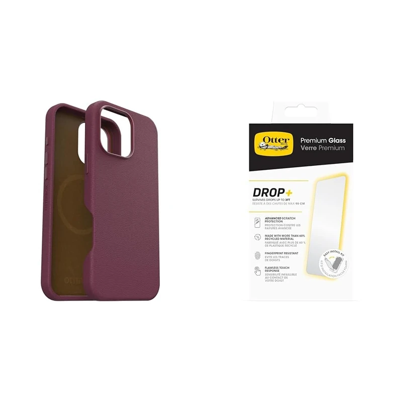 OtterBox Bundle Symmetry Series Cactus Leather MagSafe Case for iPhone 16 Pro Max, Shockproof, Drop proof, Protective Thin Case, Red & Premium Glass Screen Protector