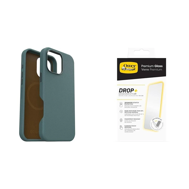 OtterBox Bundle Symmetry Series Cactus Leather MagSafe Case for iPhone 16 Pro Max, Shockproof, Drop proof, Protective Thin Case, Green & Premium Glass Screen Protector