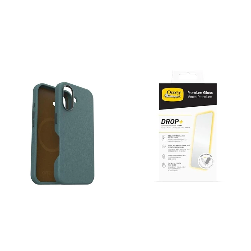 OtterBox Bundle Symmetry Series Cactus Leather MagSafe Case for iPhone 16, Shockproof, Drop Proof, Protective Thin Case, Green & Premium Glass Screen Protector