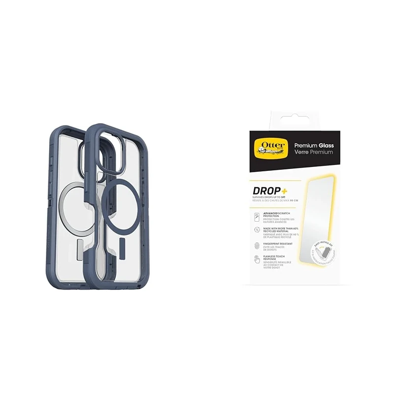 OtterBox Bundle Defender Series XT MagSafe Case for iPhone 16, Shockproof, Drop proof, Ultra-Rugged, Protective Case, Clear/Blue & Premium Glass Screen Protector