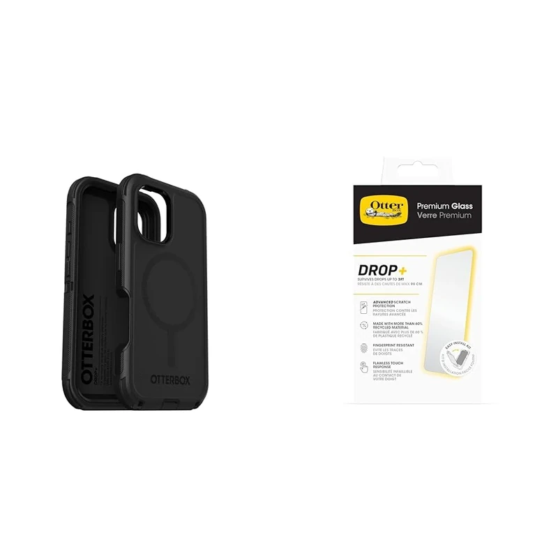 OtterBox Bundle Defender Series MagSafe Case for iPhone 16, Shockproof, Drop Proof, Ultra-Rugged, Protective Case, Black & Premium Glass Screen Protector