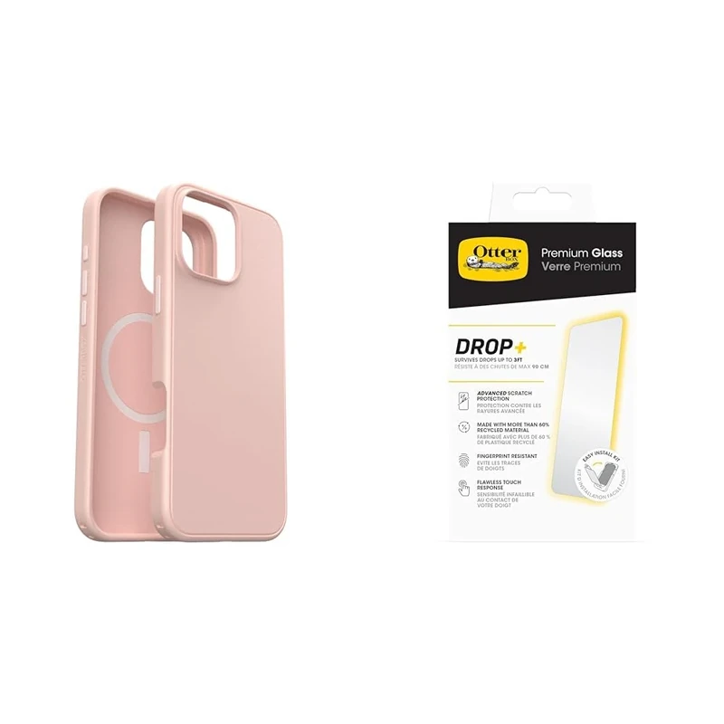OtterBox Bundle Symmetry Series MagSafe Case for iPhone 16 Pro Max, Shockproof, Drop Proof, Protective Thin Case, Rose & Premium Glass Screen Protector