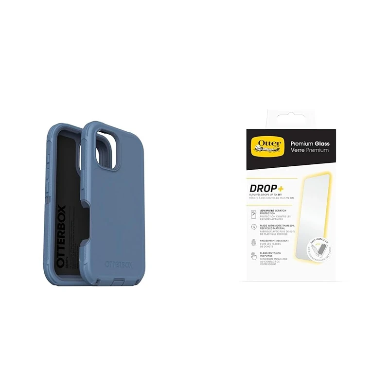 OtterBox Bundle Defender Series MagSafe Case for iPhone 16, Shockproof, Drop Proof, Ultra-Rugged, Protective Case, Blue & Premium Glass Screen Protector