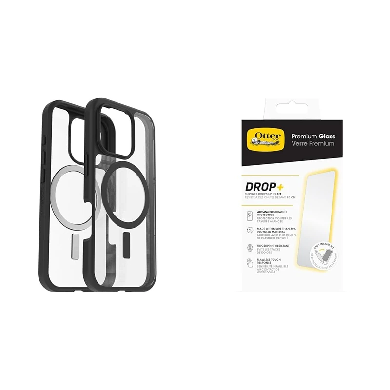 OtterBox Bundle Sleek Series MagSafe Case for iPhone 16 Pro, Shockproof, Drop proof, Ultra-Slim, Protective Thin Case, Clear/Black, Non-Retail Packaging & Premium Glass Screen Protector