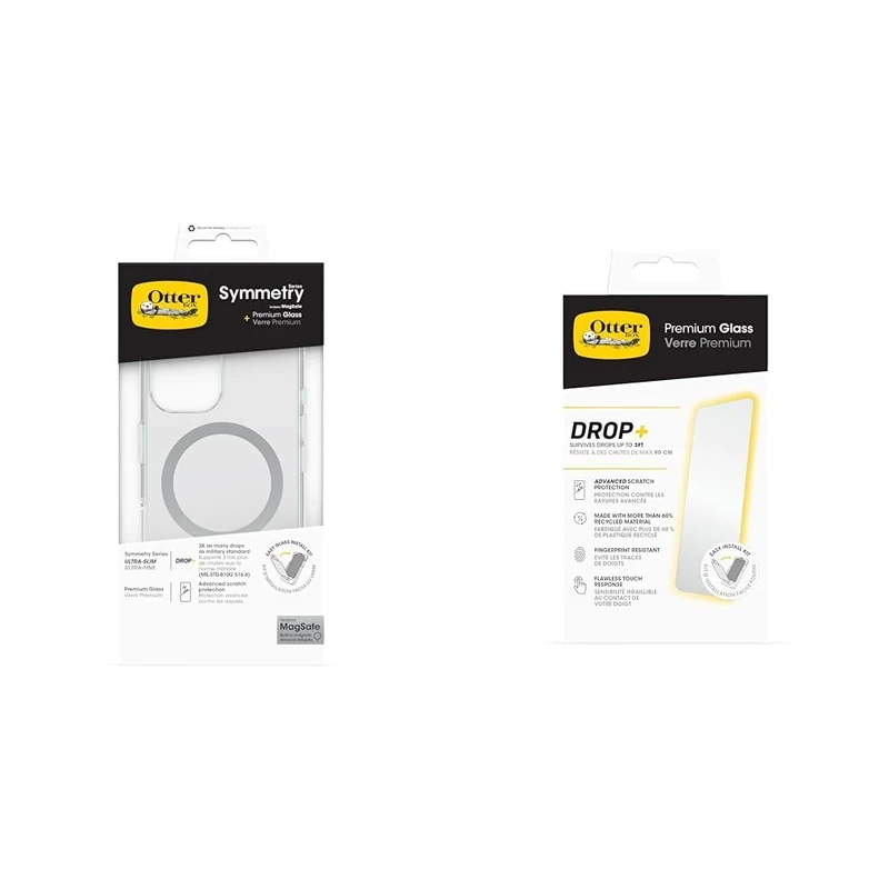 Bundle: OtterBox Drop Protection Bundle for iPhone 16; Symmetry Series Clear MagSafe Case 3x Tested to Military Standard and Premium Glass Screen Protector, Clear & Premium Glass Screen Protector