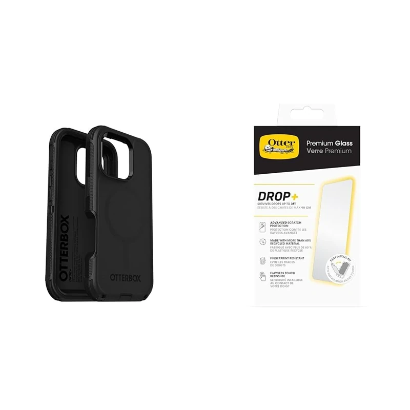 OtterBox Bundle Defender Series MagSafe Case for iPhone 16 Pro, Shockproof, Drop Proof, Ultra-Rugged, Protective Case, Black, Non-Retail Packaging & Premium Glass Screen Protector