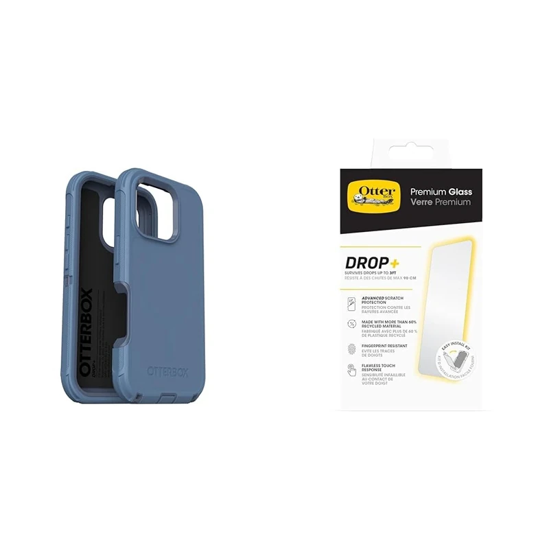 OtterBox Bundle Defender Series MagSafe Case for iPhone 16 Pro, Shockproof, Drop Proof, Ultra-Rugged, Protective Case, Blue, Non-Retail Packaging & Premium Glass Screen Protector