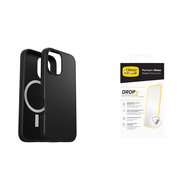 OtterBox Bundle Symmetry Series MagSafe Case for iPhone 16, Shockproof, Drop proof, Protective Thin Case, Black, Non-Retail Packaging & Premium Glass Screen Protector