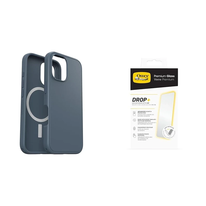 OtterBox Bundle Symmetry Series MagSafe Case for iPhone 16, Shockproof, Drop proof, Protective Thin Case, Blue & Premium Glass Screen Protector