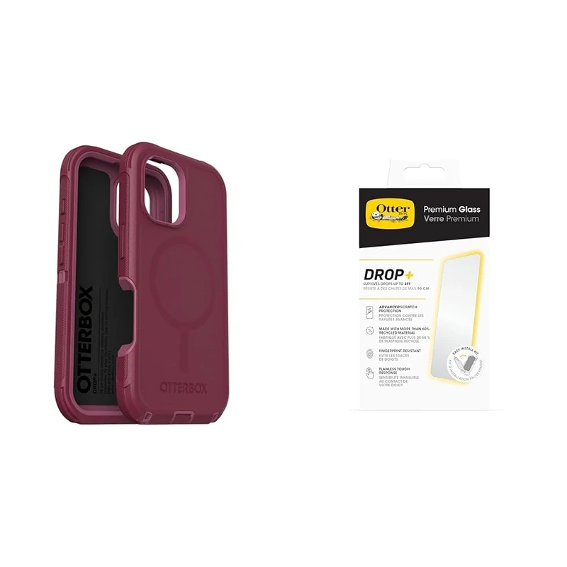 OtterBox Bundle Defender Series MagSafe Case for iPhone 16, Shockproof, Drop Proof, Ultra-Rugged, Protective Case, Red & Premium Glass Screen Protector