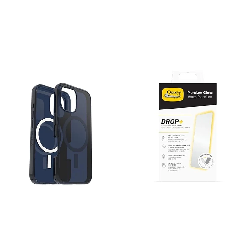 OtterBox Bundle Symmetry Series Clear MagSafe Case for iPhone 16, Shockproof, Drop proof, Protective Thin Case, Clear/Blue & Premium Glass Screen Protector