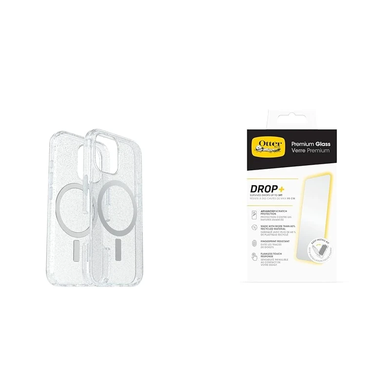 OtterBox Bundle Symmetry Series Clear MagSafe Case for iPhone 16, Shockproof, Drop proof, Protective Thin Case, Stardust & Premium Glass Screen Protector
