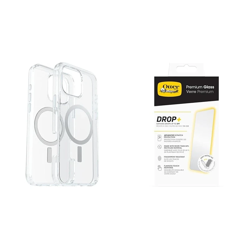 OtterBox Bundle Symmetry Series Clear MagSafe Case for iPhone 16 Pro Max, Shockproof, Drop proof, Protective Thin Case, Clear & Premium Glass Screen Protector